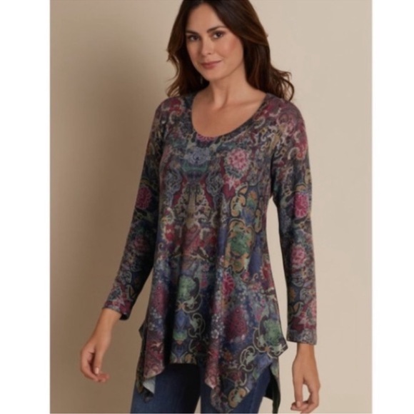 Soft Surroundings Floral Scoop Neck Handkerchief Hem Long Tunic Paisley Size 3X - Picture 6 of 12